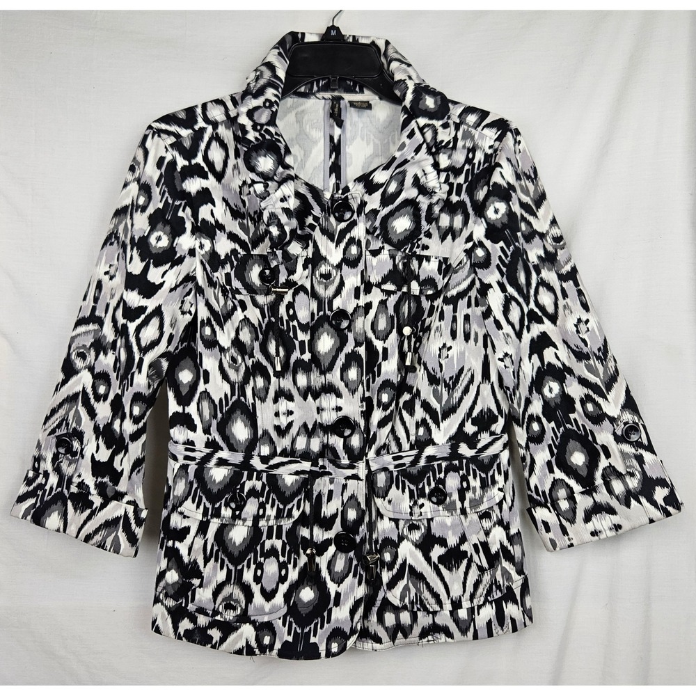 Nue Options Womens Ikat Print Utility Jacket Black White 3/4 Sleeve Size S